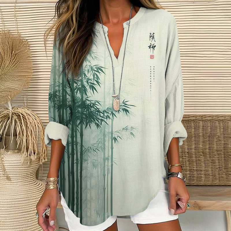 Watercolor Bamboo Forest Art Print V Neck Long Sleeve Blouse - Green - 8XL - image 1