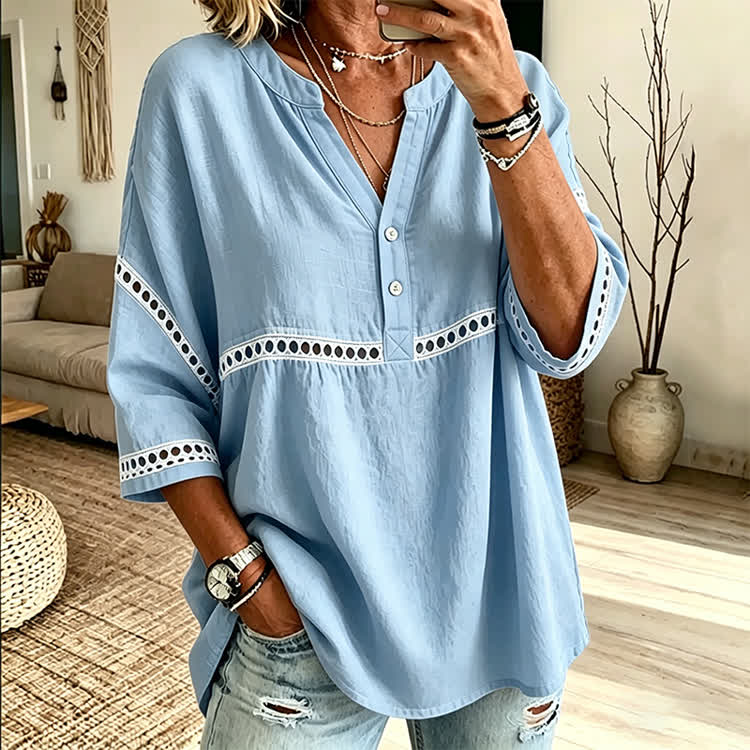 Elegant Solid Openwork Lace Splicing Henley Collar 3/4 Sleeve Blouse - Light Blue - 3XL - image 3