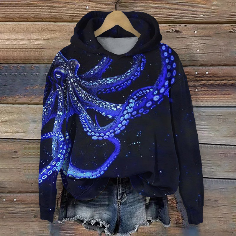 Japanese Abstract Undersea Octopus Print Long Sleeve Hoodie - Blue - 8XL - image 1