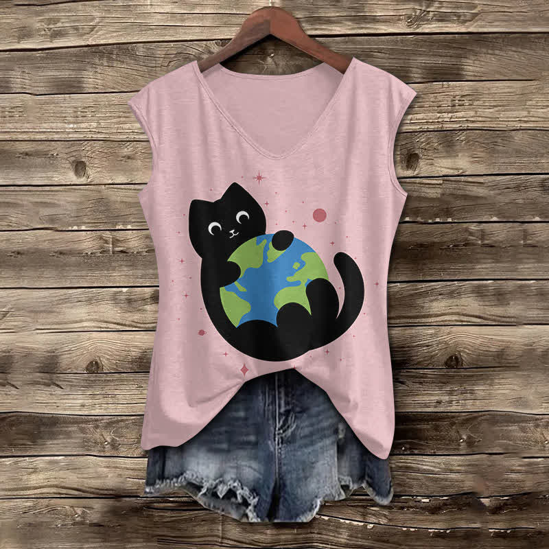 Women's Funny Cat Holding The Earth Art Print V-neck Tank Top - Pink - 5XL - image 3