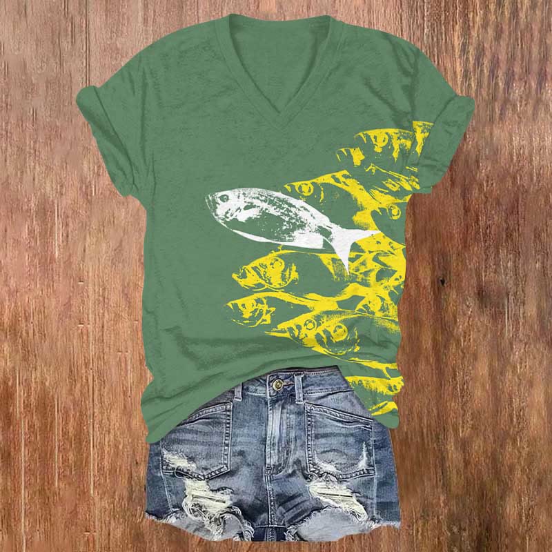 Vintage Abstract Sardines Art Print V-neck T-shirt - Green - US32-34(5XL) - image 3