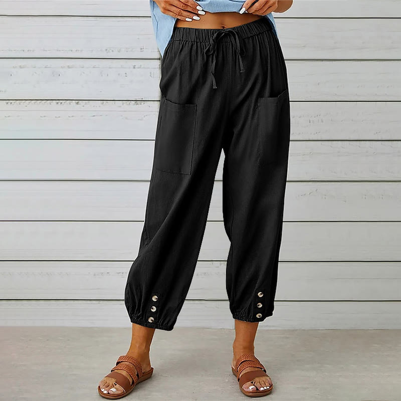 Women's Casual Loose Button Pocket Cropped Pants - Black - 4XL - image 5