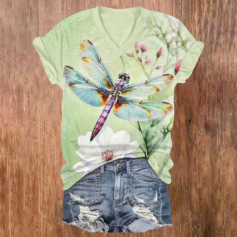 Colorful Dragonfly & Blossom Art Print V-neck T-shirt - Green - US32-34(5XL) - image 2