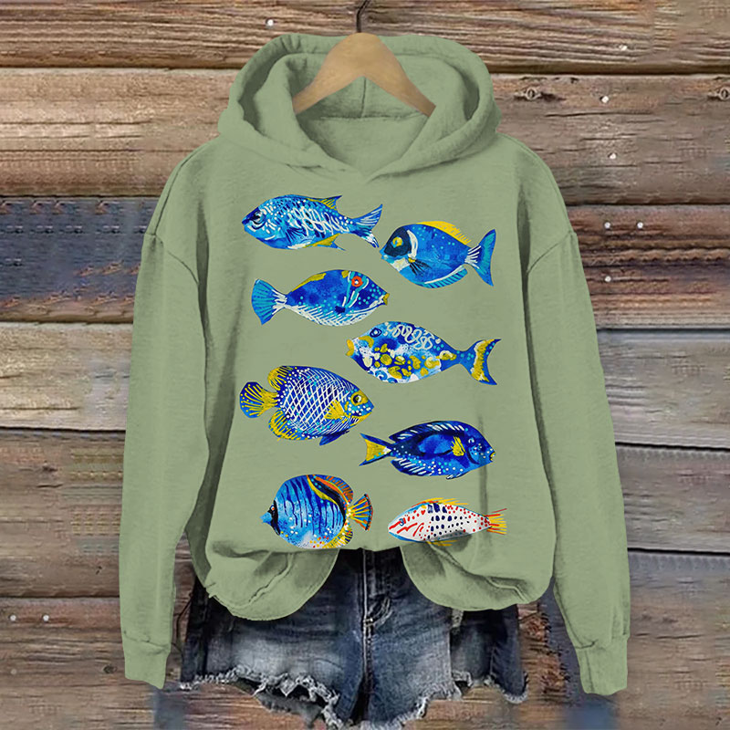 Vintage Abstract Funny Ugly Fish Print Long Sleeve Hoodie - Green - US44-46(8XL) - image 2