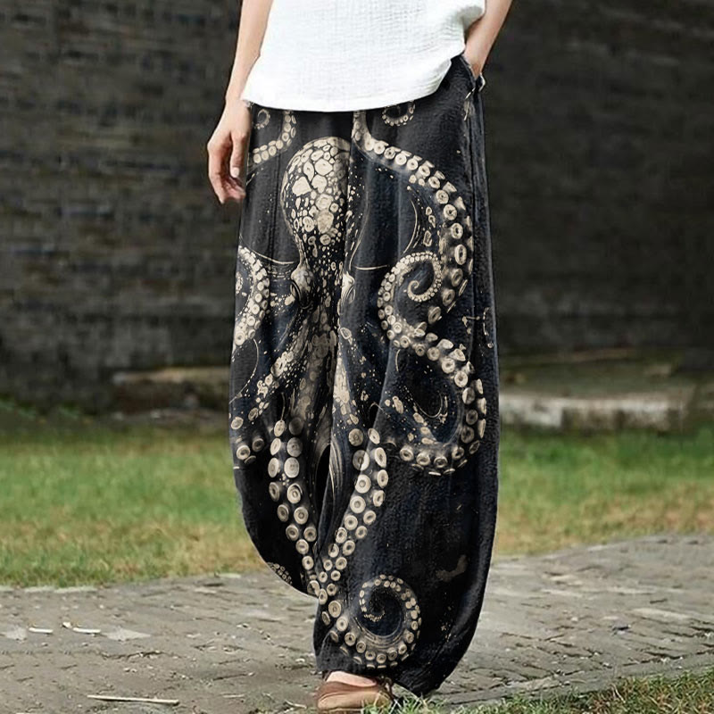 Vintage Octopus Art Print Casual Pants - Beige - 5XL - image 2