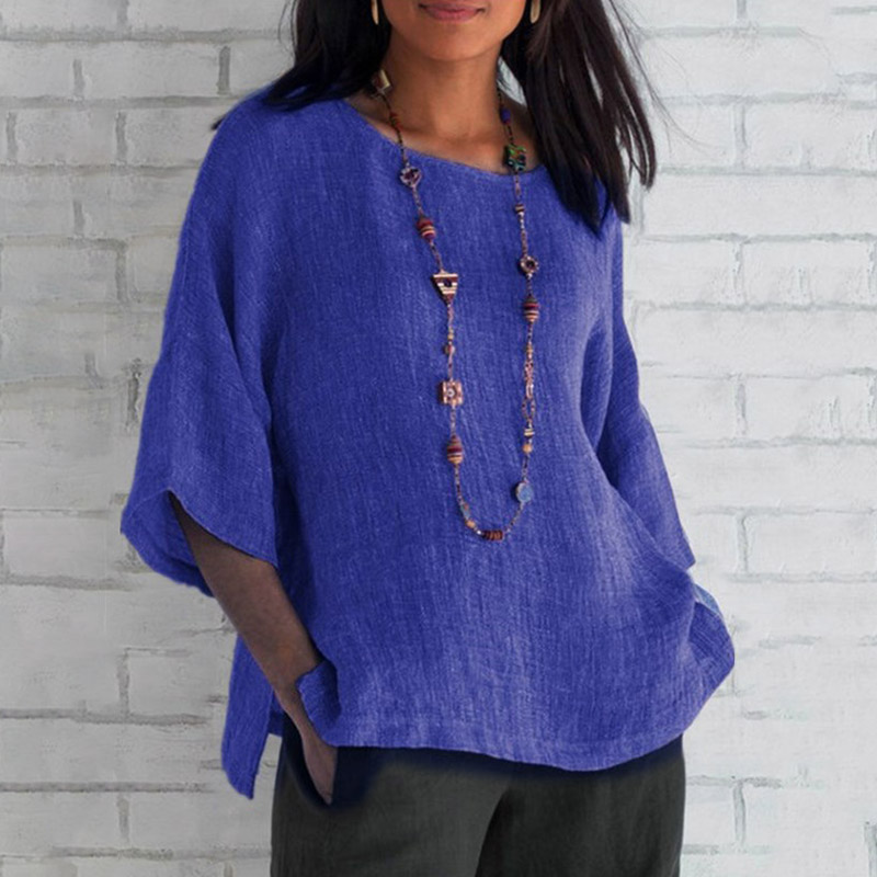 Casual Three-quarter Sleeve Crew Neck Top - Blue - 5XL - image 3