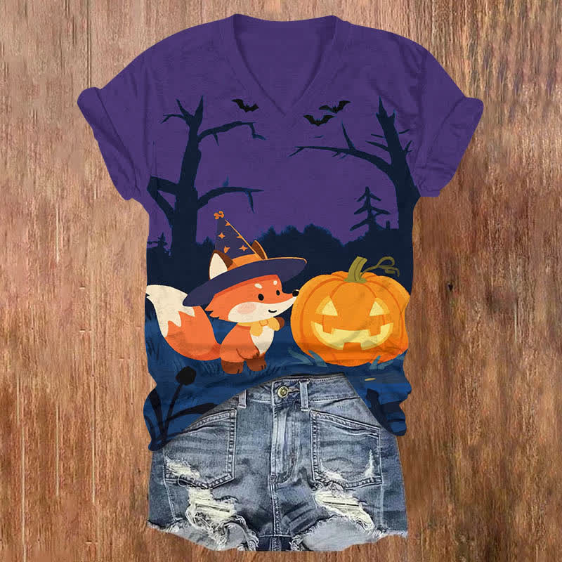 Halloween Night Cute Wizard Fox & Pumpkin Art Print V-neck T-shirt - Purple - US32-34(5XL) - image 2