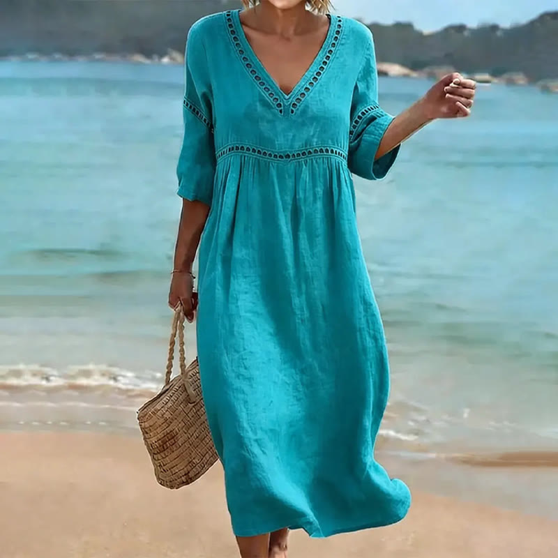 Elegant Solid Openwork Lace V-neck Half Sleeve Maxi Dress - Lake Blue - 3XL - image 5