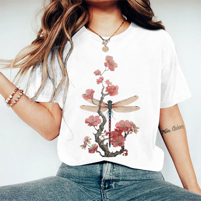 100% Cotton Retro Plum Blossom Dragonfly Japanese Art Print Casual T-shirt - White - 2XL - image 3