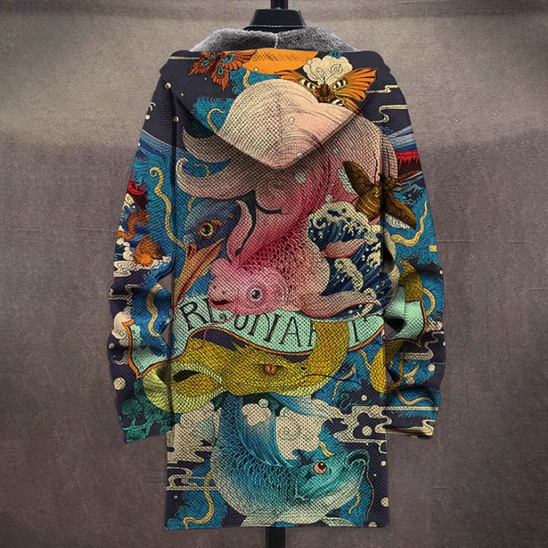 Retro Japanese Ocean Fish Insect Print Unisex Plush Thick Long-sleeved Fleece Jacket - image 2