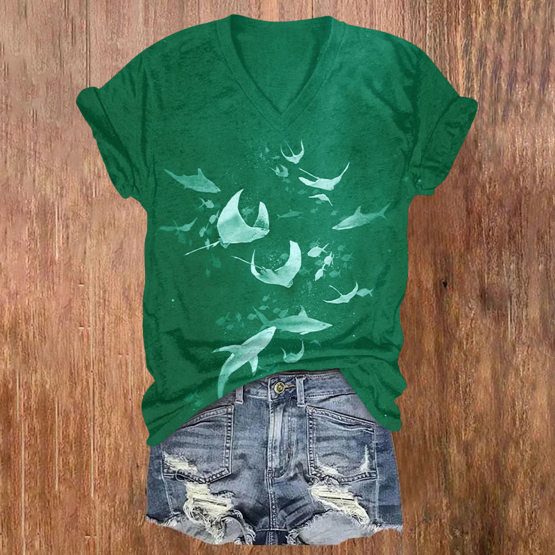 Ocean School Of Fishes Print V-neck T-shirt - Green - US32-34(5XL) - image 2