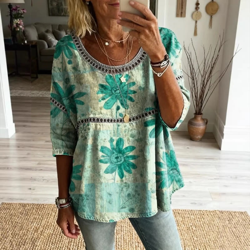 Boho Hippie Floral Print Openwork Lace Splicing Round Neck Half Sleeve Blouse - Lake Blue - 4XL - image 5
