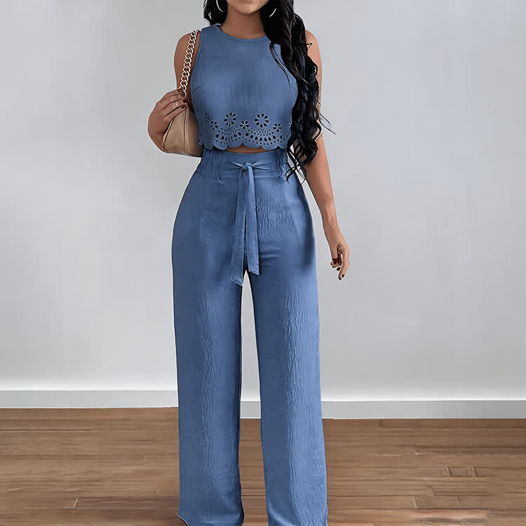 Elegant Solid Burnout Cutwork Round-neck Sleeveless Top & Lacing Pants Set - Blue - XL - image 6