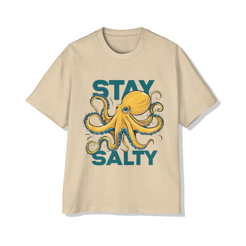 Unisex Stay Salty Octopus Art Pattern Cotton Print T-shirt - Apricot - US20-22(3XL) - image 4