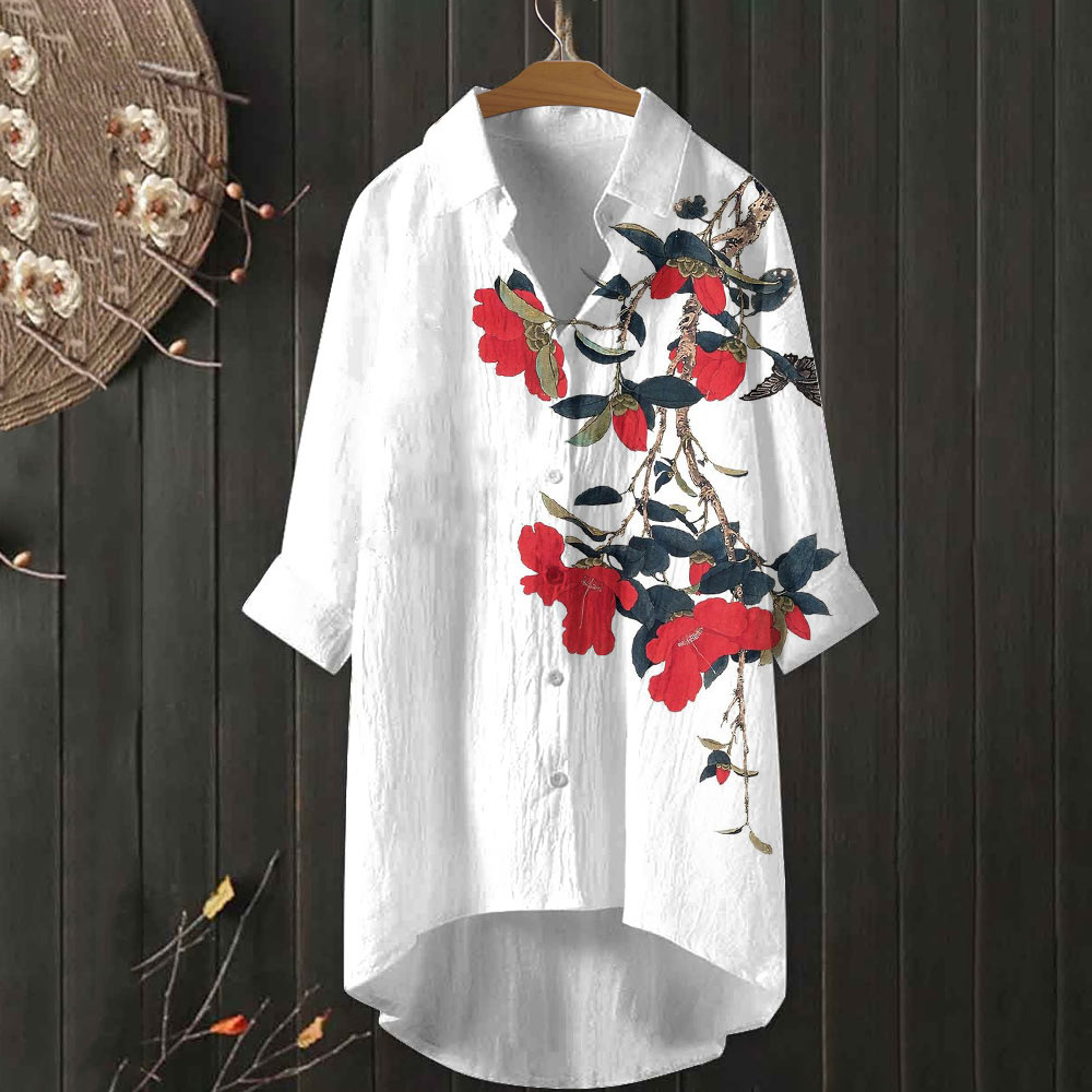 Japanese Floral Butterfly Print Casual Shirt 