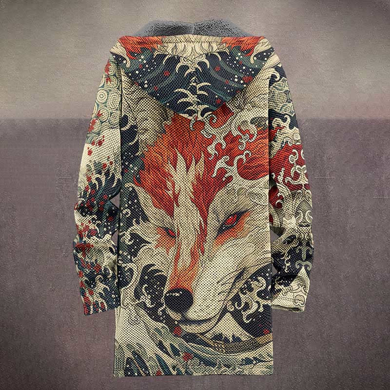 Japanese Abstract Wave And Wolf Pattern Print Unisex Plush Thick Long-sleeved Fleece Jacket Coat - image 4