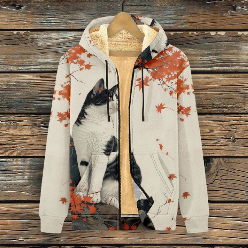 Women's Japanese Elegant Cat ＆ Maple Leaf Print Fleece Jacket - image 2