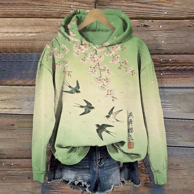 Vintage Sakura Blossom & Swallow Art Print Long Sleeve Hoodie - image 4