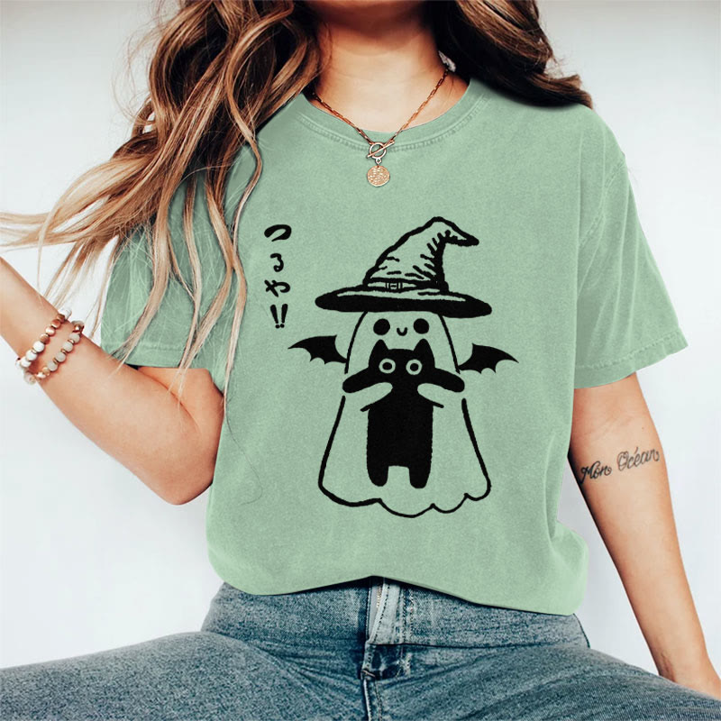 100% Cotton Women's Halloween Ghost Holding Black Cat Art Print Casual T-shirt - Green - 2XL - image 3