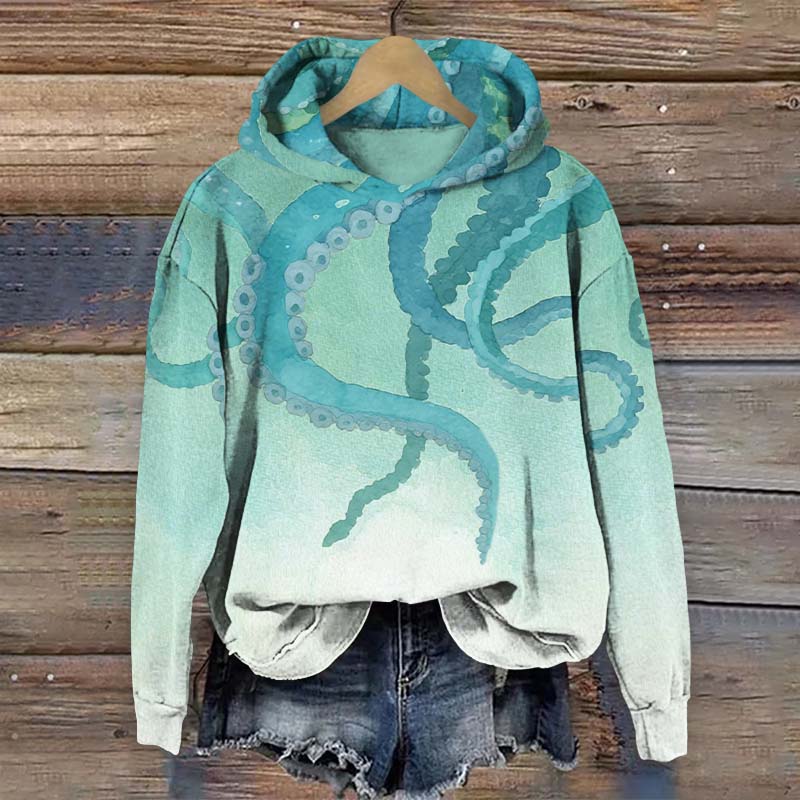 Vintage Ombre Abstract Octopus Tentacles Art Print Long Sleeve Hoodie - Green - US44-46(8XL) - image 2