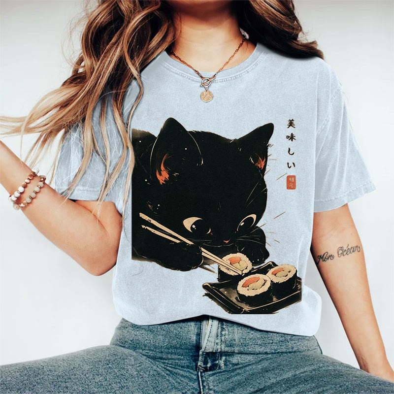 100% Cotton Japanese Black Cat Eating Sushi Art Print Casual T-shirt - Blue - 2XL - image 8