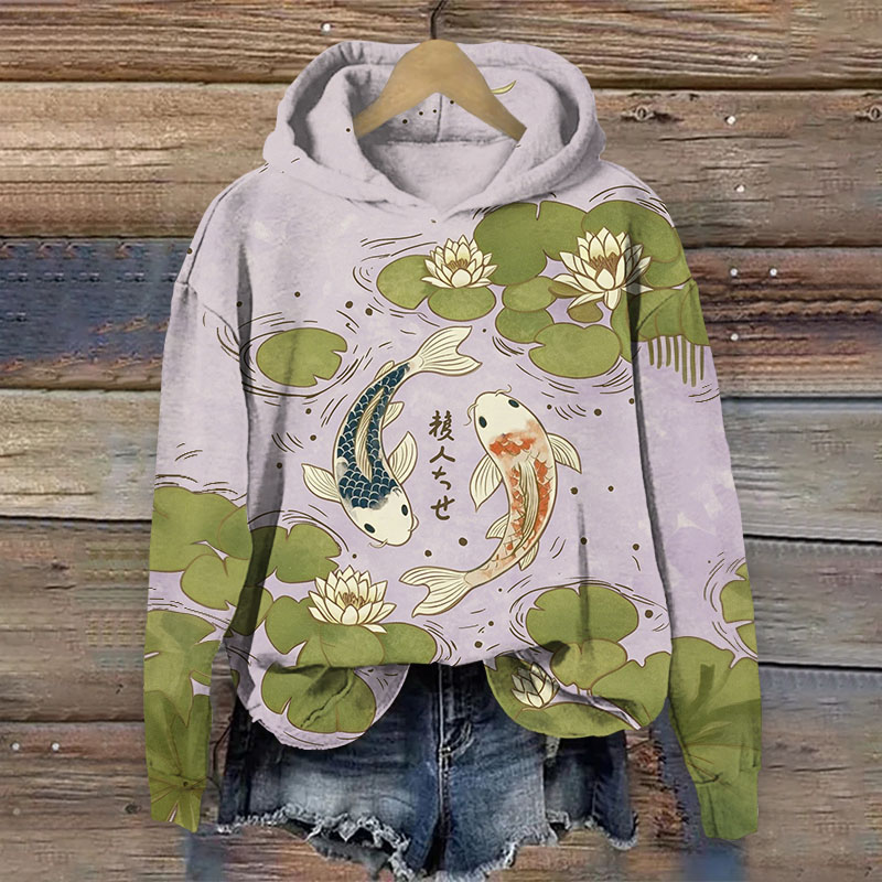 Japanese Koi In The Lotus Pond Print Long Sleeved Hoodie - Light Purple - US44-46(8XL) - image 6