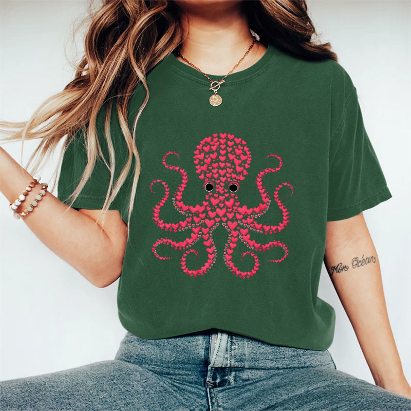 100% Cotton Valentine's Day Octopus Heart T-shirt - Green - 2XL - image 6