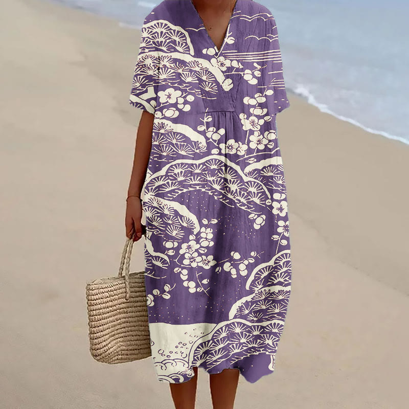 Women's Japanese Art Plum Blossom Printed V Neck Casual Short-sleeved Midi Dress