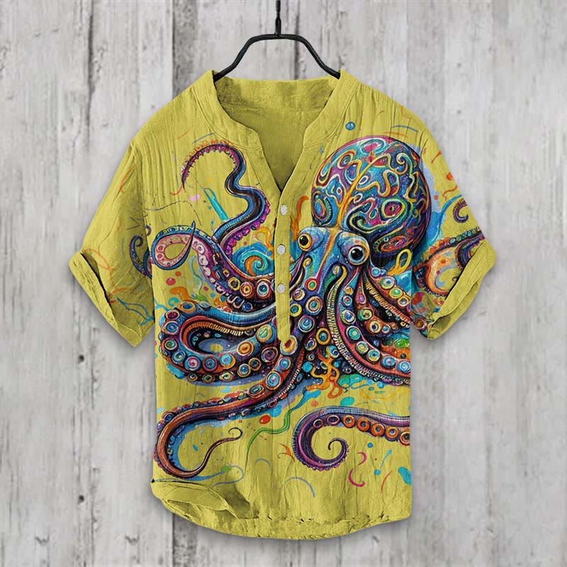 Vintage Rainbow Octopus Art Print Shirt - Yellow - 5XL - image 4