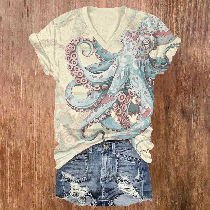 Vintage Giant Leopard Octopus Print V-neck T-shirt - Apricot - US32-34(5XL) - image 5
