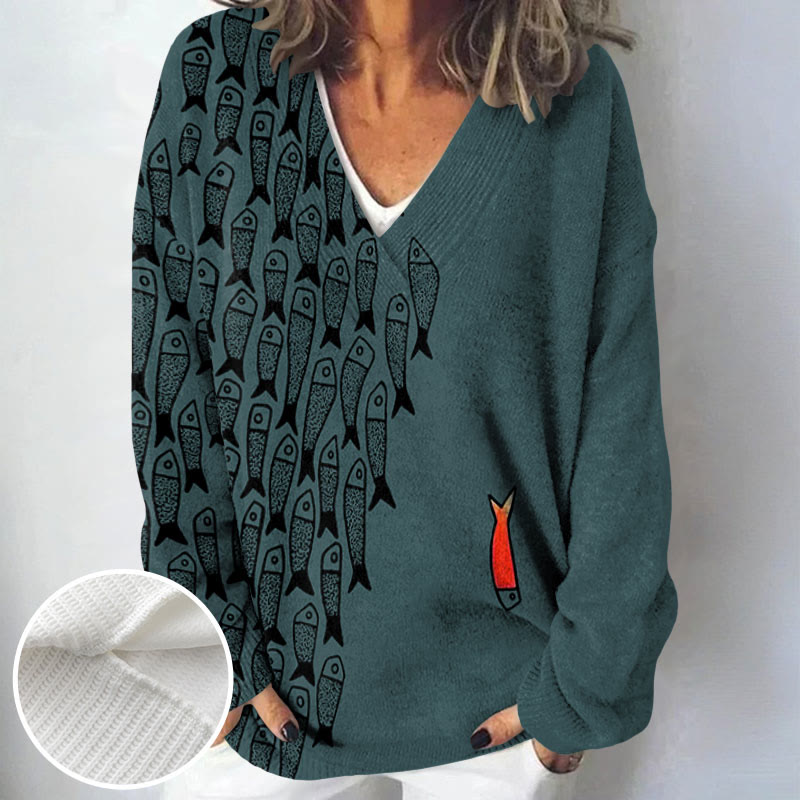 Cute Simple Lines Abstract Geometric Fish Art Print Causal V-neck Pullover Sweater - image 6