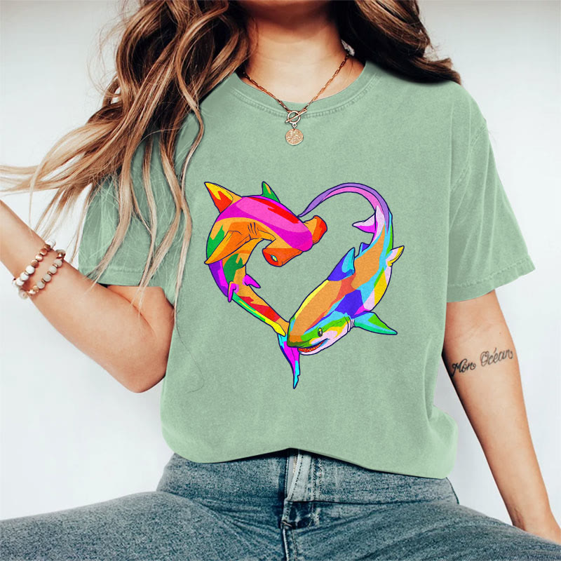 100% Cotton Valentine's Day Shark Heart T-shirt - Light Green - 2XL - image 6
