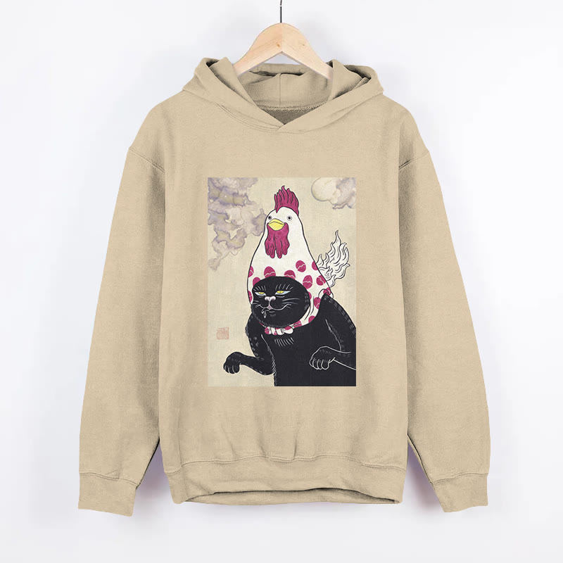 Unisex Cat And Rooster Hijinks Pattern Long Sleeved Hoodie - Apricot - US44-46(8XL) - image 3