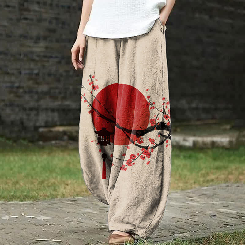 Japanese Sun & Lantern On Plum Blossom Art Print Casual Pants - Apricot - US18(5XL) - image 3