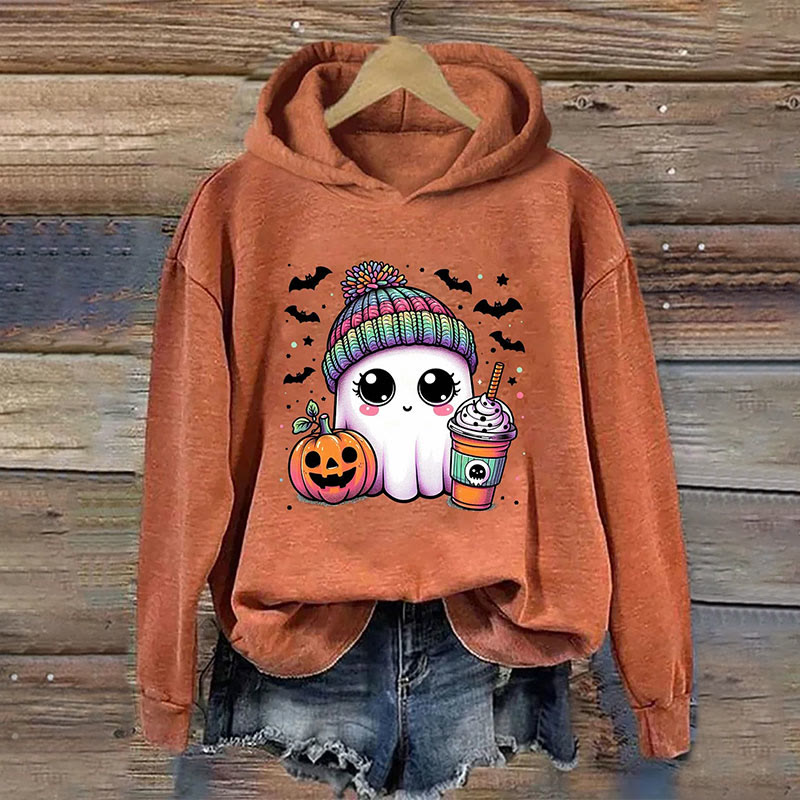 Dashingsoul Cute Ghost Coffee Halloween Print Casual Long Sleeve Hoodie
