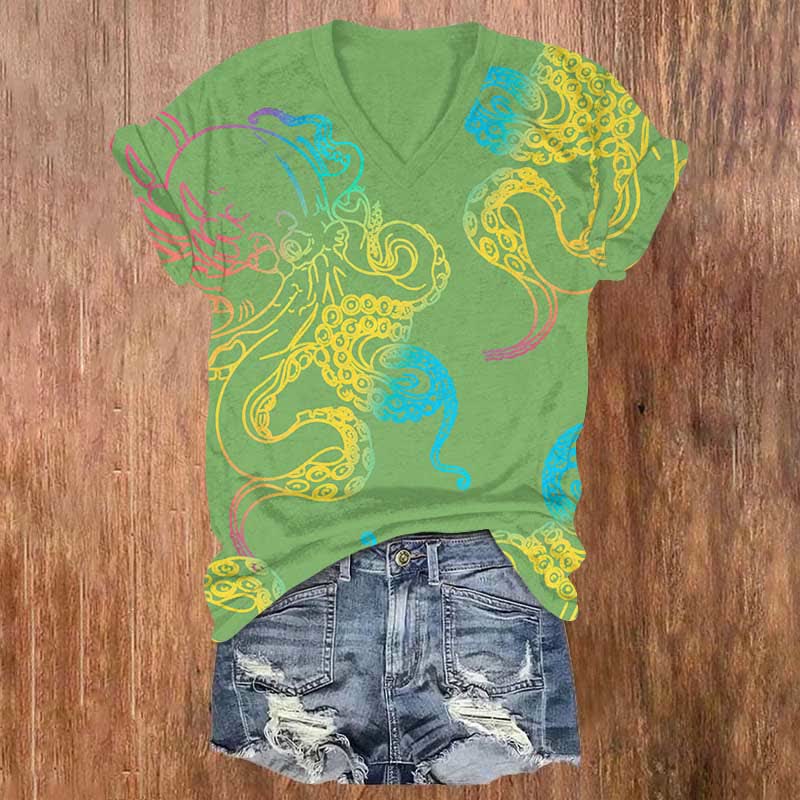 Japanese Abstract Color Painting Octopus Art Print V-neck T-shirt - Green - US32-34(5XL) - image 2