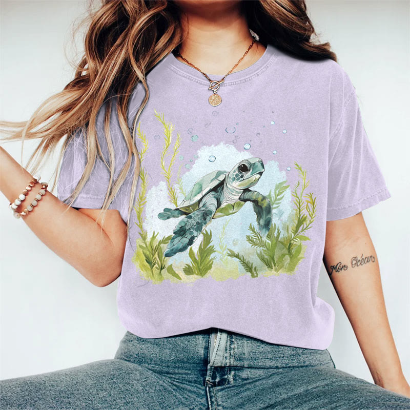 100% Cotton Women's Japanese Bubble Sea Turtle Art Print Casual T-shirt - Purple - 2XL - image 4