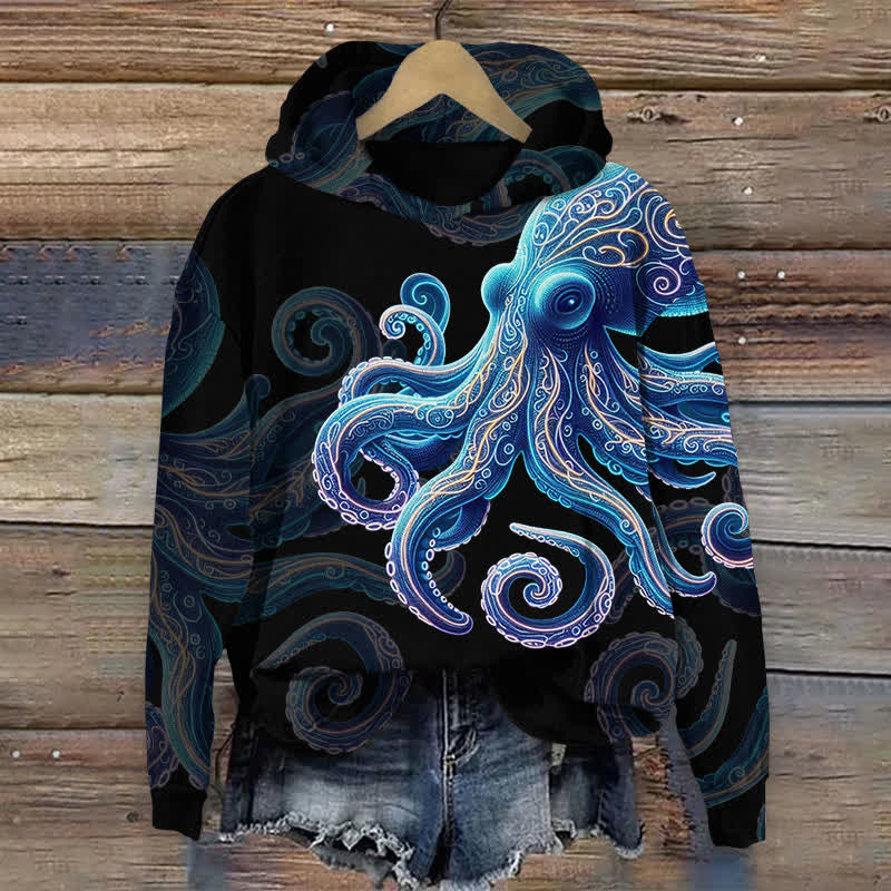 Vintage Wise Ocean Octopus Print Long Sleeve Hoodie - Black - 8XL - image 2
