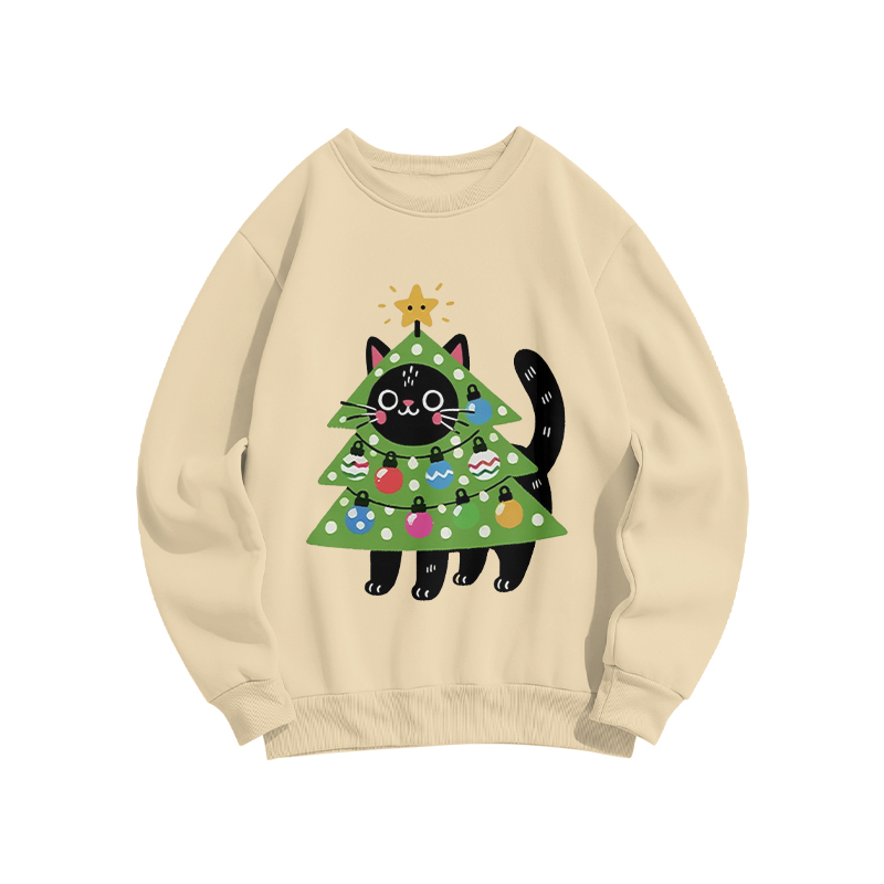 100% Cotton Funny Christmas Tree Cat Print Crew Neck Sweatshirt - Apricot - US16-18(2XL) - image 3