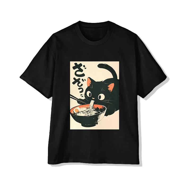 Unisex Japanese Cat Eating Ramen Print Short Sleeved Crew Neck T-shirt - Black - 2XL - image 3