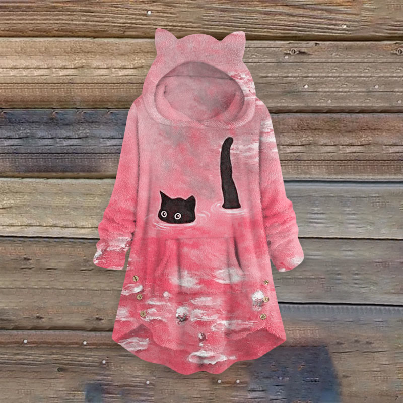 Oil Painting Cat Print Women's Kangaroo Pocket Cute Cat Ear Fuzzy Fleece Hoodie - Pink - 6XL - image 3