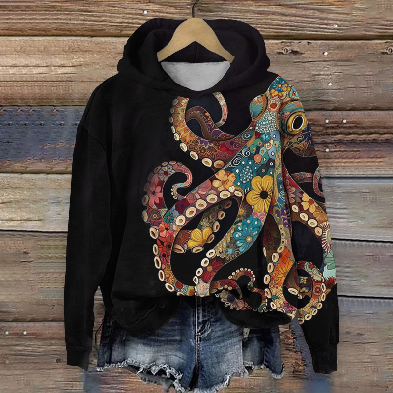 Colorful Ethnic Floral Octopus Print Long Sleeve Hoodie - Black - 8XL - image 1