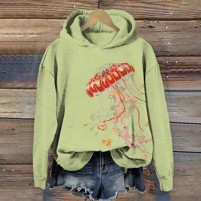 Japanese Creative Fantasy Jellyfish Art Print Long Sleeve Hoodie - Green - US44-46(8XL) - image 4