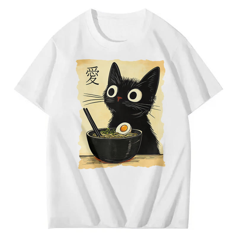 Unisex Funny Cat Eating Ramen Print Short Sleeved Crew Neck T-Shirt - White - 2XL - image 3