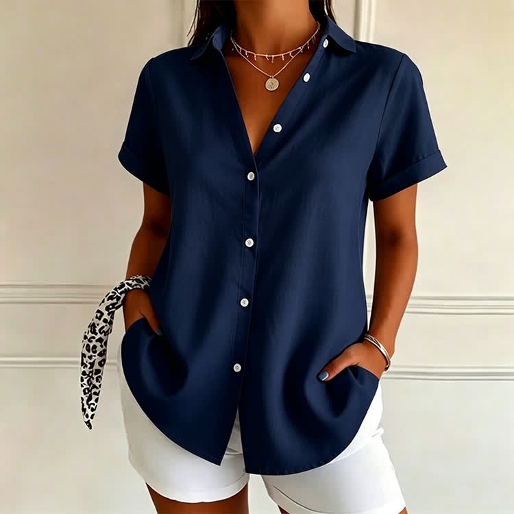 Elegant Solid Button-front Short Sleeve Blouse - Navy Blue - US 22 (4XL) - image 7