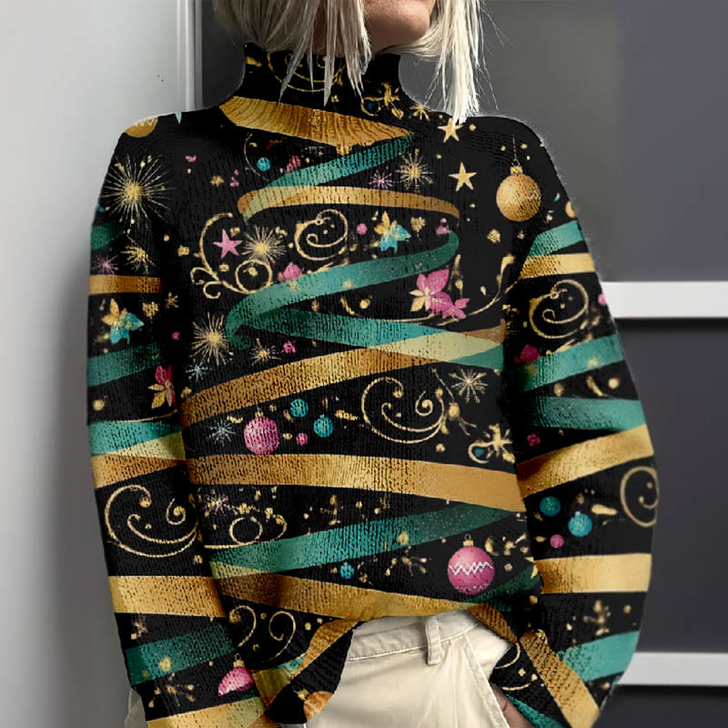 Women's Gypsophila Fantasy Christmas Night Print Turtleneck Pullover Sweater - image 2