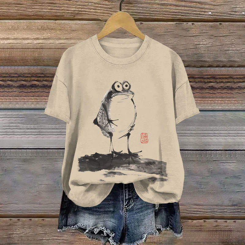 100% Cotton Japanese Retro Funny Frog Print T-shirt
