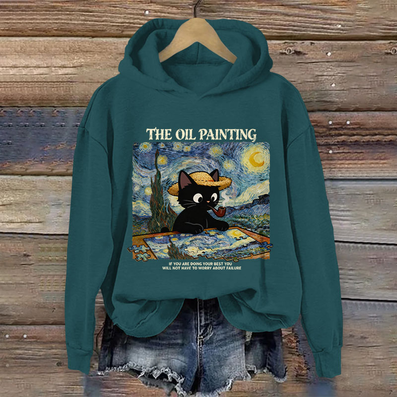 The Oil Painting Black Cat Pattern Art Print Long Sleeve Hoodie - Green - US44-46(8XL) - image 3