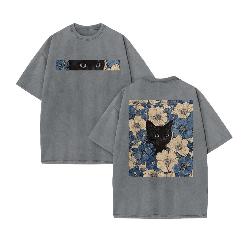 Floral & Black Cat Print Acid Washed T-shirt - Grey - US20-22(3XL) - image 5