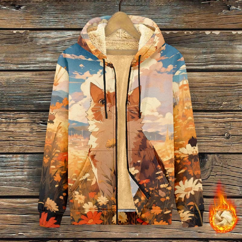 Women's Stunning Movie Scene Of Cat & Floral Art Print Fleece Jacket - image 2